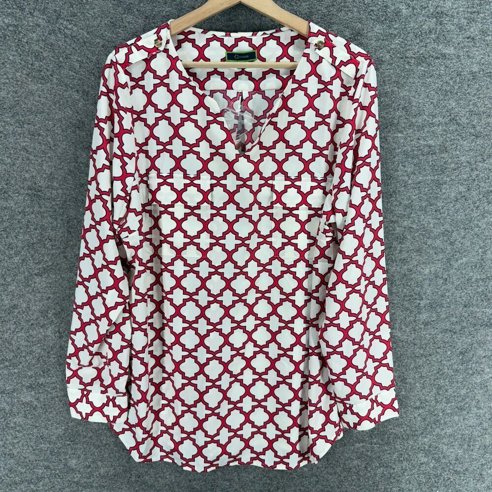 Wonder Blouse Women 16 White Geometric V-Neck Long Sleeve Casual Pullover